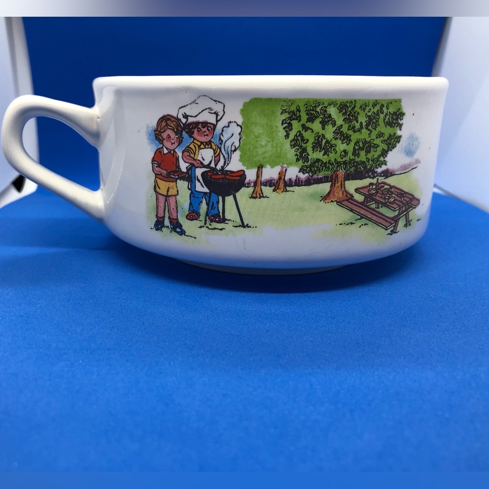 Vintage Campbells Kids Soup Bowl with Handle Barbecue Scene Large Cup
